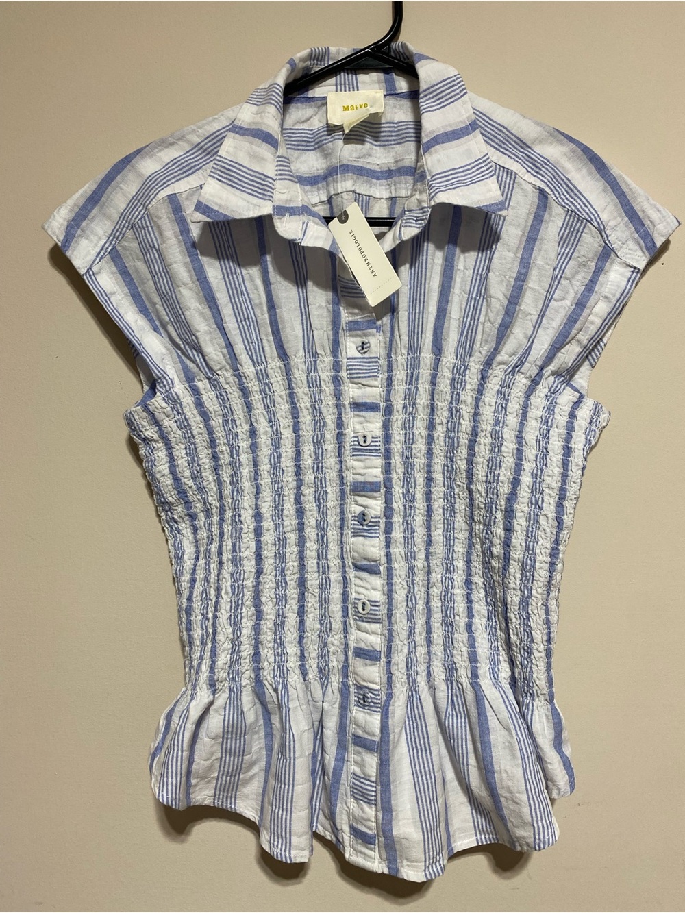 NWT Anthropologie Maeve “Bellamy” Striped Ruched Top Ruffled cotton Linen Size S - Picture 3 of 9